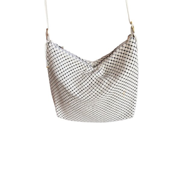 Whiting & Davis Metal Mesh Shoulder Bag Leather Strap Gold Charm 70s Y2K Disco - Picture 2 of 13